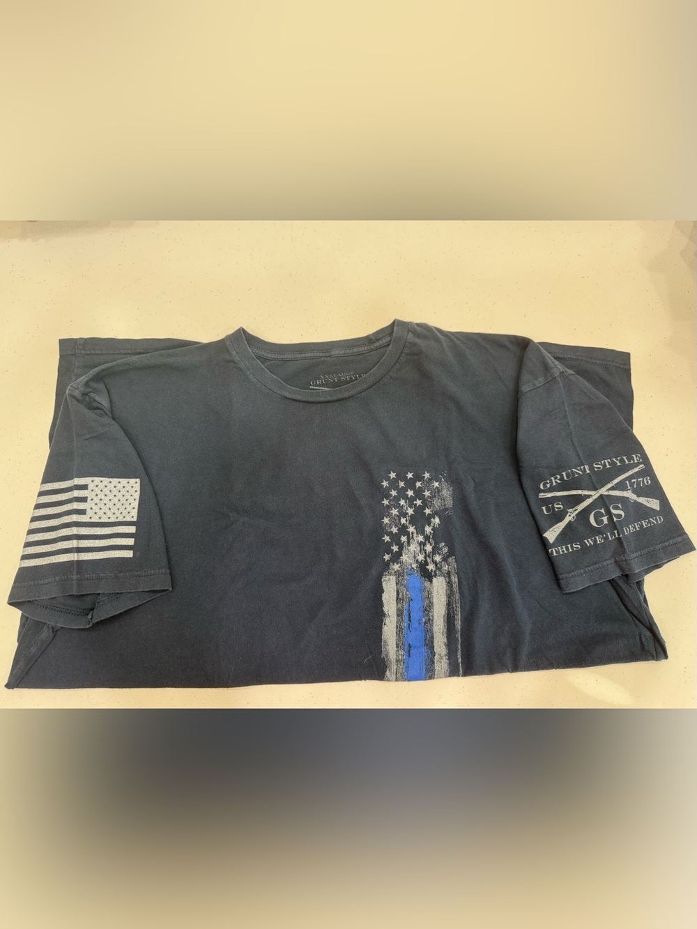 Grunt Style Black Short Sleeve Tee with Thin Blue Line Flag